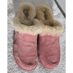 UGG Australia Pink Suede Wood Heel Genuine Fur Sheep Shearling Lined Size 7